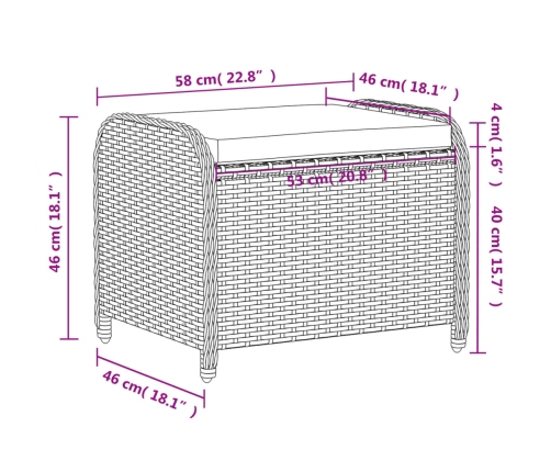 Taburete de jardín con cojín ratán sintético marrón 58x46x46 cm
