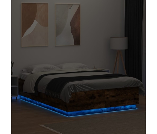 Estructura cama con luces LED madera roble ahumado 160x200 cm