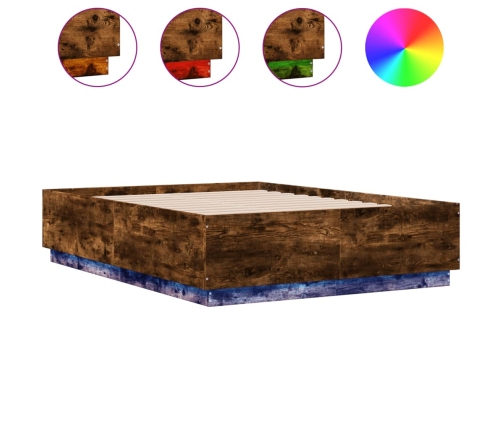 Estructura cama con luces LED madera roble ahumado 135x190 cm