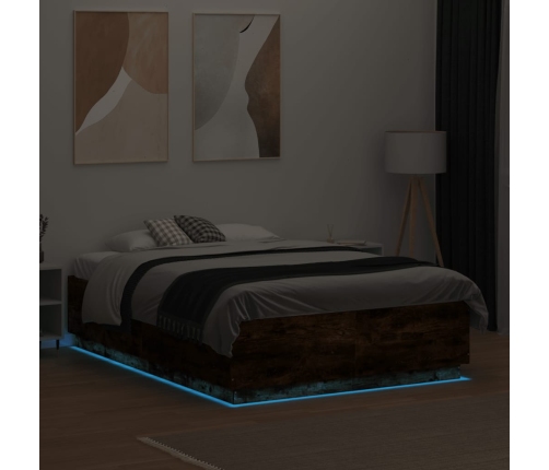 Estructura cama con luces LED madera roble ahumado 135x190 cm
