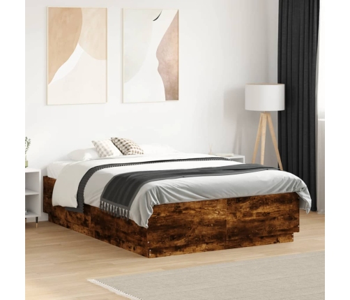 Estructura cama con luces LED madera roble ahumado 135x190 cm