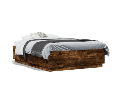 Estructura cama con luces LED madera roble ahumado 135x190 cm
