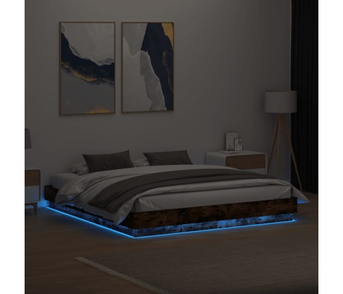 Estructura de cama con luces LED roble ahumado 200x200 cm