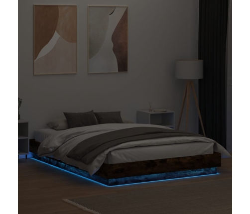 Estructura de cama con luces LED roble ahumado 160x200 cm