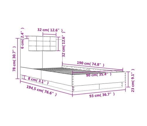 Cama con cabecero madera de ingeniería negra 90x190 cm