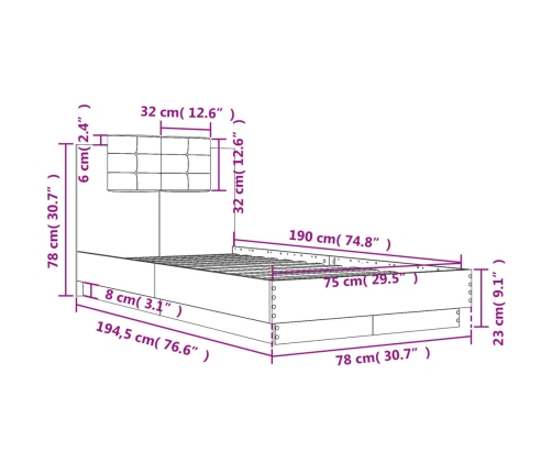Cama con cabecero madera de ingeniería roble Sonoma 75x190 cm