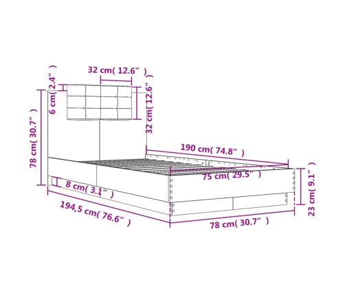 Cama con cabecero madera de ingeniería gris hormigón 75x190 cm