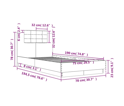 Cama con cabecero madera de ingeniería roble ahumado 75x190 cm