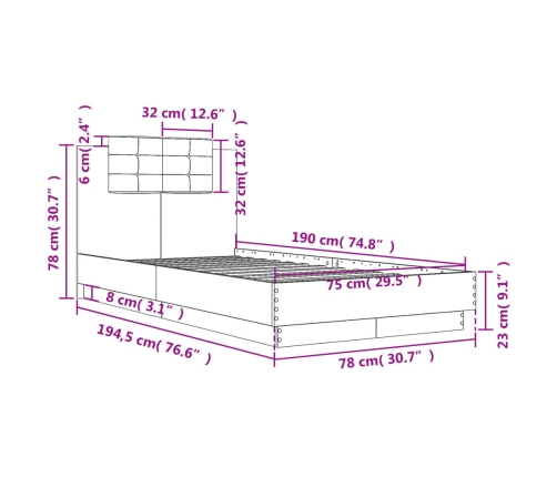 Cama con cabecero madera de ingeniería gris Sonoma 75x190 cm