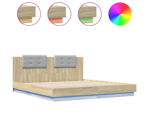 Estructura de cama cabecero luces LED roble Sonoma 200x200 cm