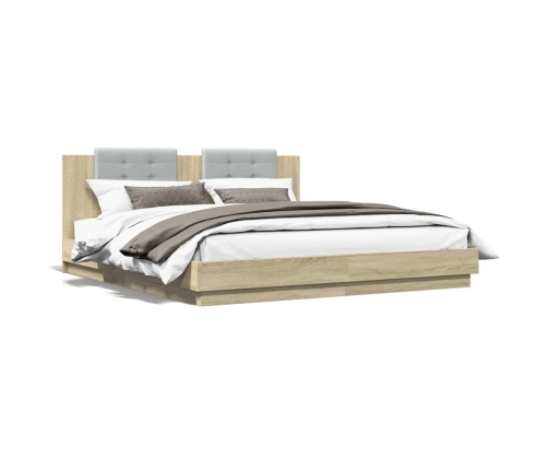 Estructura de cama cabecero luces LED roble Sonoma 200x200 cm