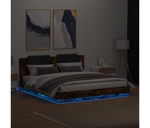 Estructura de cama cabecero luces LED roble ahumado 160x200 cm