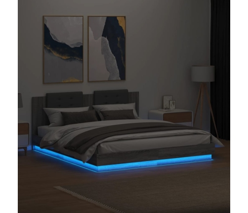 Estructura de cama cabecero luces LED gris Sonoma 160x200 cm