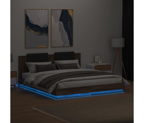 Estructura de cama cabecero luces LED roble marrón 160x200 cm