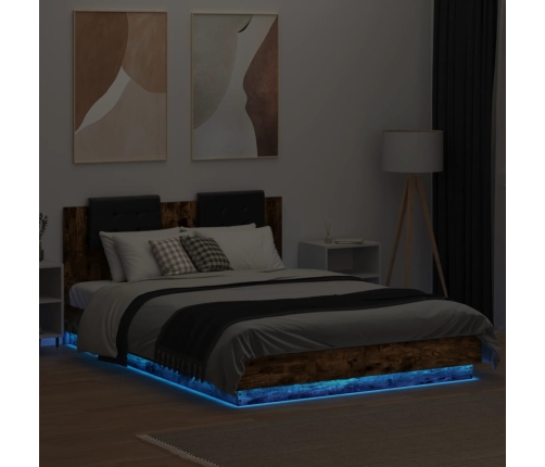 Estructura de cama cabecero luces LED roble ahumado 150x200 cm