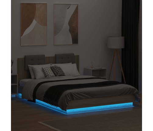 Estructura de cama cabecero luces LED roble Sonoma 140x200 cm