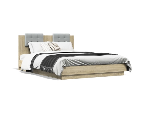 Estructura de cama cabecero luces LED roble Sonoma 140x200 cm