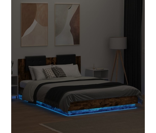 Estructura de cama cabecero luces LED roble ahumado 140x200 cm