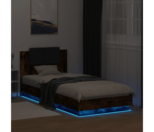 Estructura de cama cabecero luces LED roble ahumado 100x200 cm