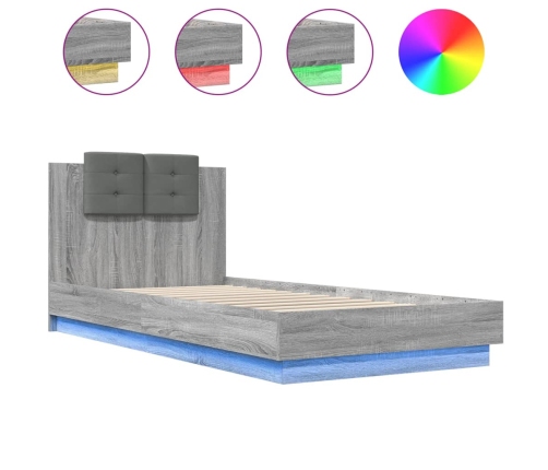 Estructura de cama cabecero luces LED gris Sonoma 100x200 cm