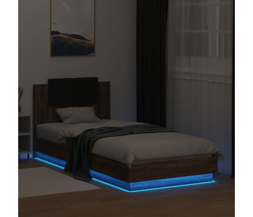 Estructura de cama cabecero luces LED roble marrón 100x200 cm