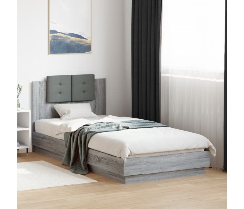 Estructura de cama cabecero luces LED gris Sonoma 90x200 cm