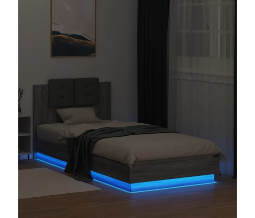 Estructura de cama cabecero luces LED gris Sonoma 90x200 cm