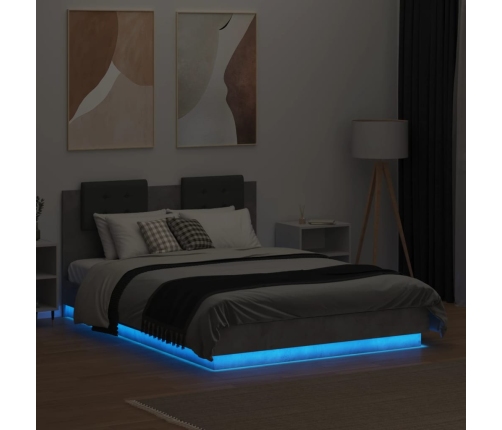 Estructura de cama cabecero luces LED gris hormigón 140x190 cm