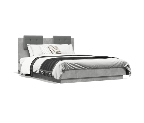 Estructura de cama cabecero luces LED gris hormigón 140x190 cm