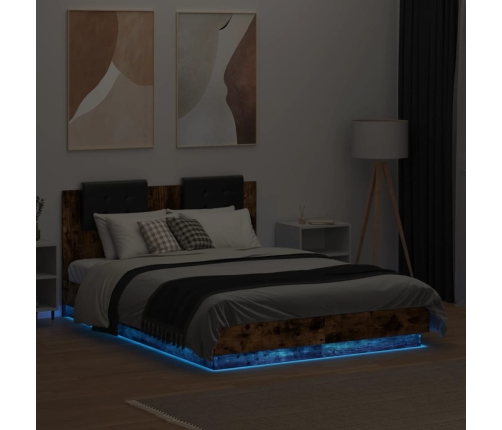 Estructura de cama cabecero luces LED roble ahumado 140x190 cm