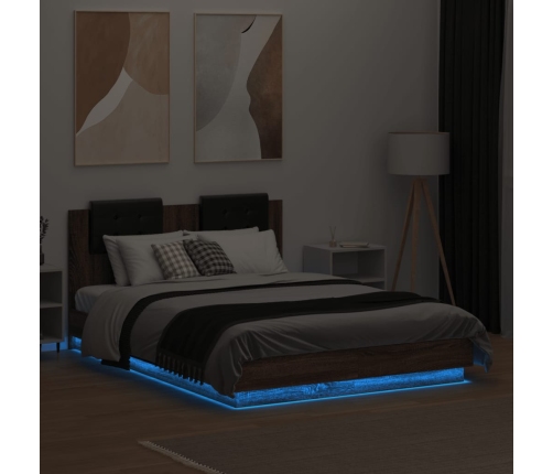 Estructura de cama cabecero luces LED roble marrón 140x190 cm