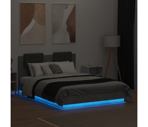 Estructura de cama cabecero luces LED gris hormigón 135x190 cm