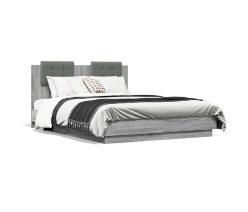 Estructura cama con cabecero luces LED gris Sonoma 135x190 cm