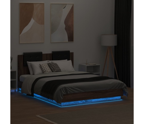 Estructura cama con cabecero luces LED roble Sonoma 135x190 cm