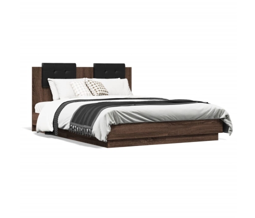 Estructura cama con cabecero luces LED roble Sonoma 135x190 cm