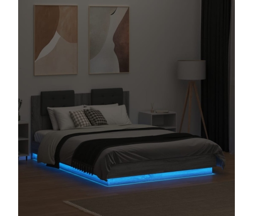 Estructura cama con cabecero luces LED gris Sonoma 120x190 cm