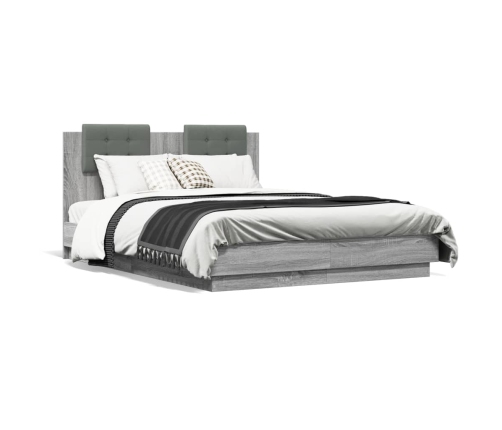 Estructura cama con cabecero luces LED gris Sonoma 120x190 cm