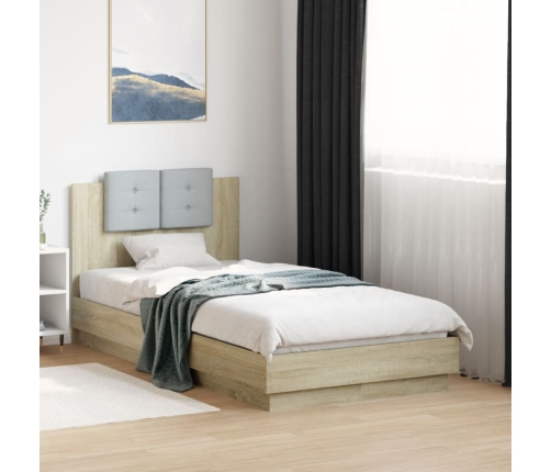 Estructura de cama cabecero luces LED roble Sonoma 90x190 cm