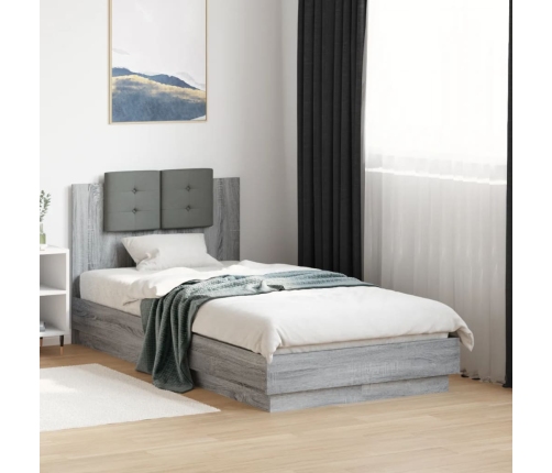 Estructura de cama cabecero luces LED gris Sonoma 90x190 cm