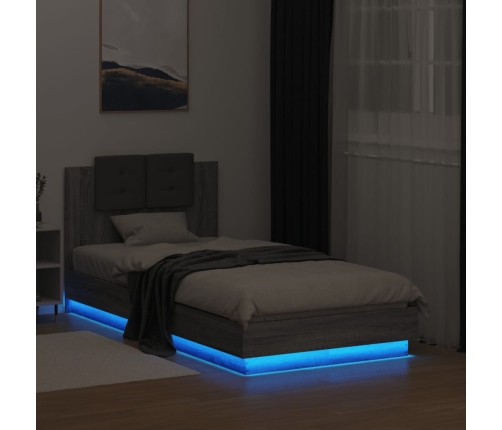 Estructura de cama cabecero luces LED gris Sonoma 90x190 cm