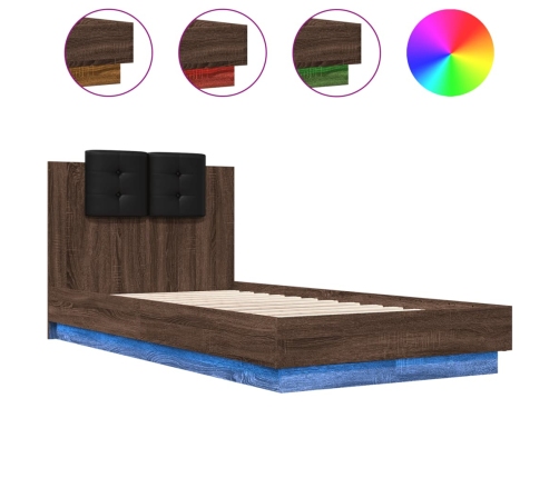 Estructura de cama cabecero luces LED marrón roble 90x190 cm