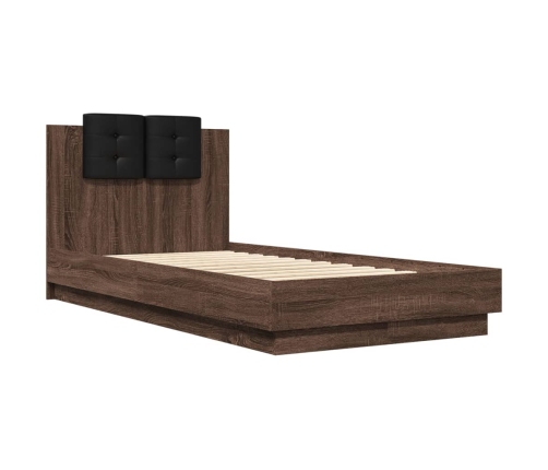 Estructura de cama cabecero luces LED marrón roble 90x190 cm