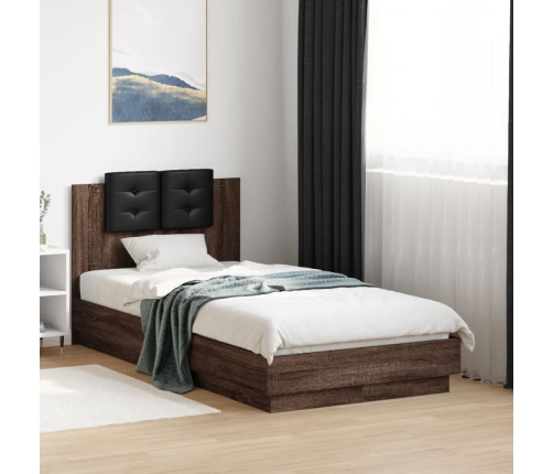 Estructura de cama cabecero luces LED marrón roble 90x190 cm