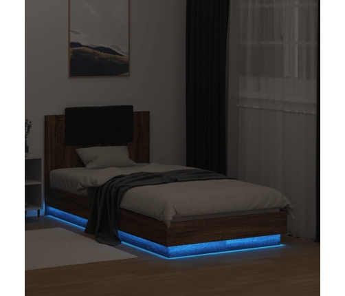 Estructura de cama cabecero luces LED marrón roble 90x190 cm