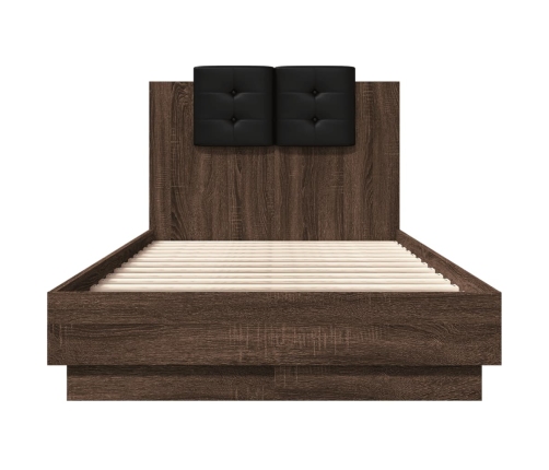Estructura de cama cabecero luces LED marrón roble 90x190 cm