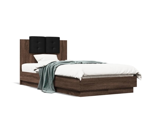 Estructura de cama cabecero luces LED marrón roble 90x190 cm
