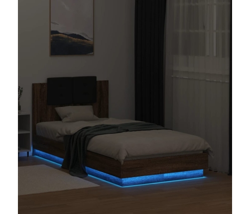 Estructura de cama cabecero luces LED marrón roble 75x190 cm