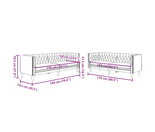 Juego de sofás Chesterfield 2 piezas cuero sintético negro