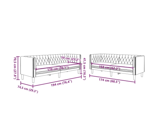 Juego de sofás Chesterfield 2 piezas cuero sintético gris