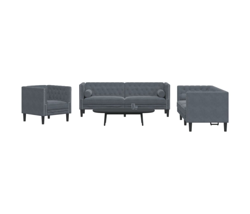 Set sofás Chesterfield con cojines 3 pzs terciopelo gris oscuro